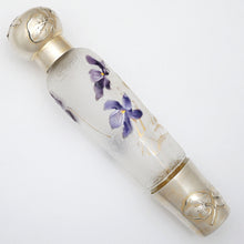 Load image into Gallery viewer, Antique Art Nouveau French Sterling Silver Liquor Opera Flask, Legras Violet Cameo Glass Bottle
