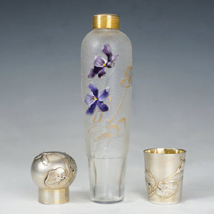 Antique Art Nouveau French Sterling Silver Liquor Opera Flask, Legras Violet Cameo Glass Bottle