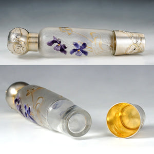 Antique Art Nouveau French Sterling Silver Liquor Opera Flask, Legras Violet Cameo Glass Bottle