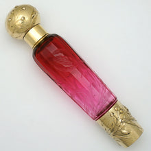 Load image into Gallery viewer, Antique French Sterling Silver Gold Vermeil Flask, Cranberry Glass Engraved
