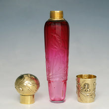 Load image into Gallery viewer, Antique French Sterling Silver Gold Vermeil Flask, Cranberry Glass Engraved
