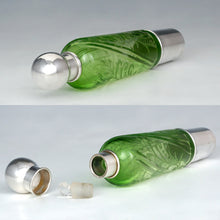 Load image into Gallery viewer, Antique French Sterling Silver &amp; Green Cut Glass Flask
