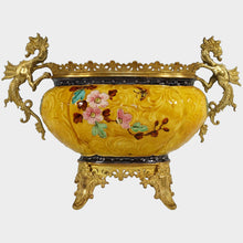 Load image into Gallery viewer, Large Antique Aesthetic French Faience Jardinière Cache Pot, Yellow &amp; Turquoise Glaze, Bronze Dragon Mounts
