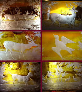 Bohemian Engraved Intaglio Amber Overlay Glass Box Engraving Deer Animals Stag