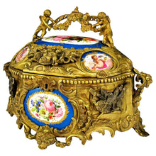 Load image into Gallery viewer, Large Antique French Bronze or Brass Jewelry Casket, Box, with Hand Painted Porcelain Plaques, Flowers &amp; Cherubs
