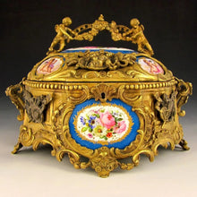 Load image into Gallery viewer, Large Antique French Bronze or Brass Jewelry Casket, Box, with Hand Painted Porcelain Plaques, Flowers &amp; Cherubs
