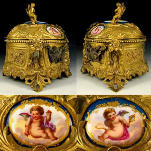 Large Antique French Bronze or Brass Jewelry Casket, Box, with Hand Painted Porcelain Plaques, Flowers & Cherubs