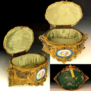 Large Antique French Bronze or Brass Jewelry Casket, Box, with Hand Painted Porcelain Plaques, Flowers & Cherubs