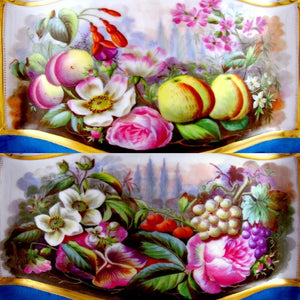 Large Antique French Porcelain Jardiniere, Matching Tray, Hand Painted Fruit & Flower Scenes,