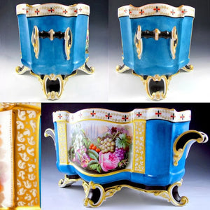 Large Antique French Porcelain Jardiniere, Matching Tray, Hand Painted Fruit & Flower Scenes,