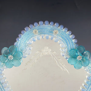 Italian Venetian Murano Art Glass Vanity Table Wall Mirror, Opalescent Blue Rosettes