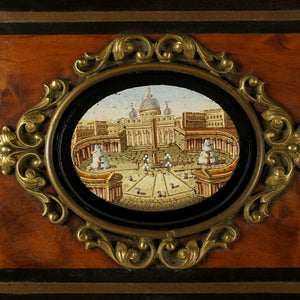 Antique Grand Tour Micro Mosaic Plaque Trinket Jewelry Box Burl Wood Brass Inlay