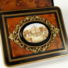 Load image into Gallery viewer, Antique Grand Tour Micro Mosaic Plaque Trinket Jewelry Box Burl Wood Brass Inlay
