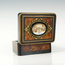 Load image into Gallery viewer, Antique Grand Tour Micro Mosaic Plaque Trinket Jewelry Box Burl Wood Brass Inlay
