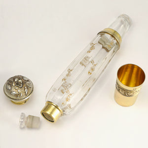 Antique French Sterling Silver & Signed Daum Nancy Glass Traveling Opera Liquor Flask Gold Vermeil