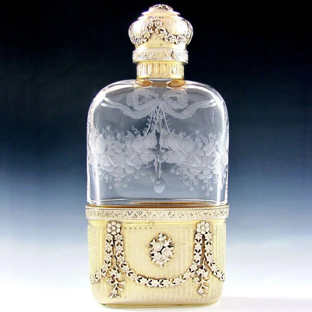Ornate Antique French Sterling Silver Cut Glass Engraved Flask