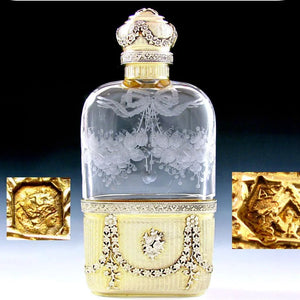 Ornate Antique French Sterling Silver Cut Glass Engraved Flask