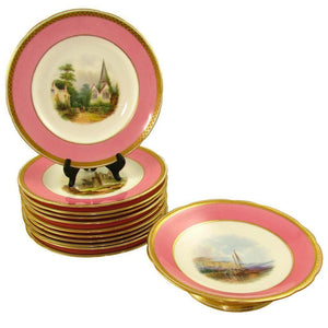 Antique 19c Minton English Porcelain Pink & Gold Encrusted Hand Painted Plates & Compote