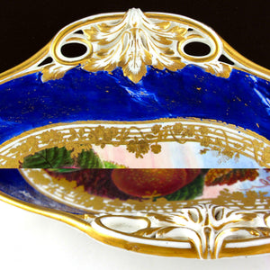 Antique French Sevres Porcelain Plate Gilt & Blue Lapis Border, Hand Painted Fruit Still Life