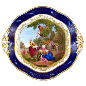 Antique French Sevres Porcelain Plate Gilt & Blue Lapis Border, Hand Painted Pastoral Scene