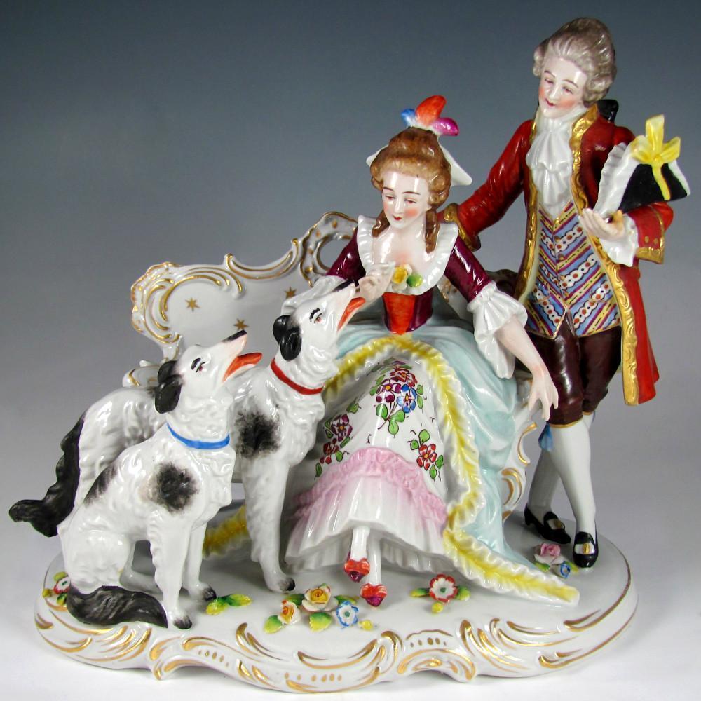 Antique Sitzendorf German Porcelain Group Figurine with Borzoi Dogs