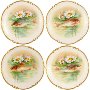 14pc Antique French Limoges Porcelain Signed Hand Painted Fish Set