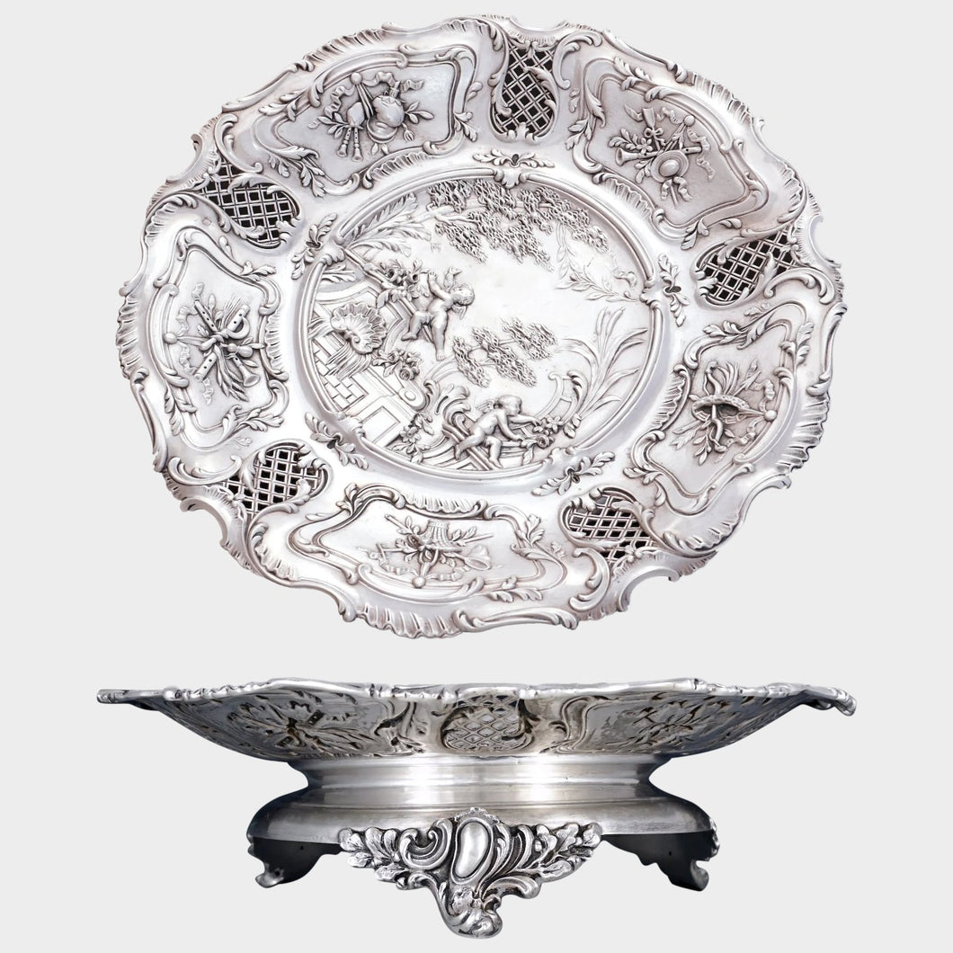 Antique French Sterling Silver Footed Compote Repousse Cherubs & Pierced Lattice, Centerpiece Tray