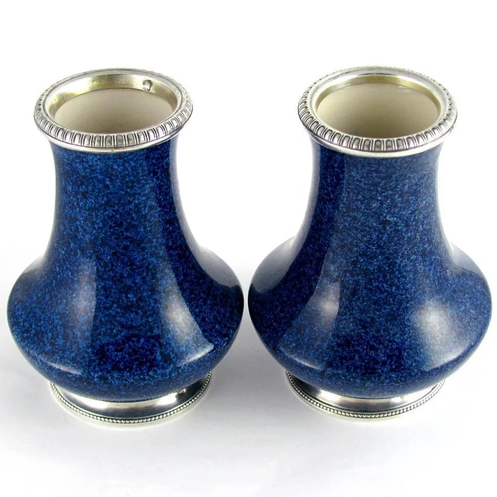 Pair French Paul Milet for Sevres Porcelain Vases Hallmarked Sterling Silver 950 Mounts
