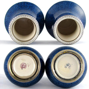 Pair French Paul Milet for Sevres Porcelain Vases Hallmarked Sterling Silver 950 Mounts