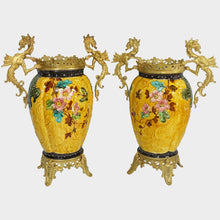 Load image into Gallery viewer, Pair Large Antique Aesthetic French Faience Baluster Vases, Yellow &amp; Turquoise Glaze, Bronze Dragon Mounts
