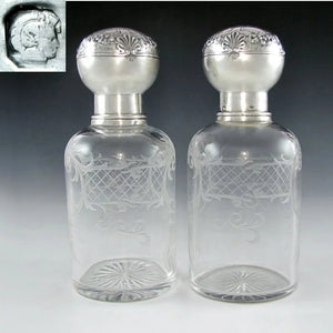 Pair Antique 19c French Sterling Silver Repousse Baccarat Engraved Crystal Perfume / Cologne Bottles