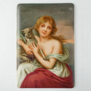 Antique Hutschenreuther Porcelain Plaque Hand Painted Portrait Girl with a Lamb
