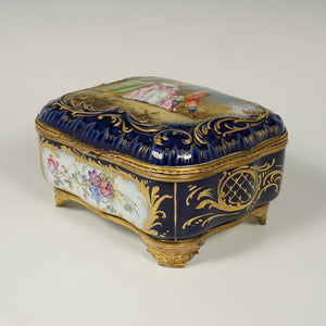 Antique French Hand Painted Porcelain Jewelry Box Cobalt Blue & Gilt Enamel