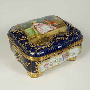 Antique French Hand Painted Porcelain Jewelry Box Cobalt Blue & Gilt Enamel