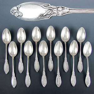 12 French Sterling Silver Coffee Spoons Teaspoons Art Nouveau Iris Pattern