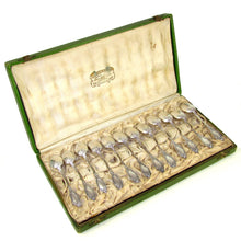 Load image into Gallery viewer, 12 French Sterling Silver Coffee Spoons Teaspoons Art Nouveau Iris Pattern
