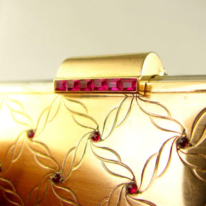 Art Deco French Silver & 18K Gold Ruby Jeweled Powder Compact & Lipstick Holder