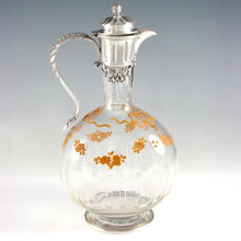 Load image into Gallery viewer, Antique French Sterling Silver Cut Crystal Glass Carafe, Raised Enamel Flowers
