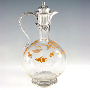 Antique French Sterling Silver Cut Crystal Glass Carafe, Raised Enamel Flowers