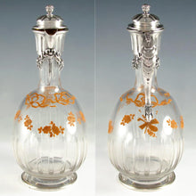 Load image into Gallery viewer, Antique French Sterling Silver Cut Crystal Glass Carafe, Raised Enamel Flowers
