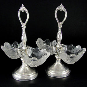 Pair Antique French Sterling Silver & Glass Double Open Salt Caddy, Scalloped Shells