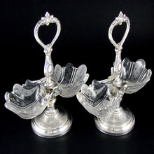 Load image into Gallery viewer, Pair Antique French Sterling Silver &amp; Glass Double Open Salt Caddy, Scalloped Shells
