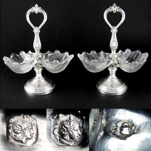 Pair Antique French Sterling Silver & Glass Double Open Salt Caddy, Scalloped Shells