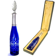 Load image into Gallery viewer, 17&quot; TALL French Sterling Silver Cut Crystal Cobalt Blue Decanter in Original Box
