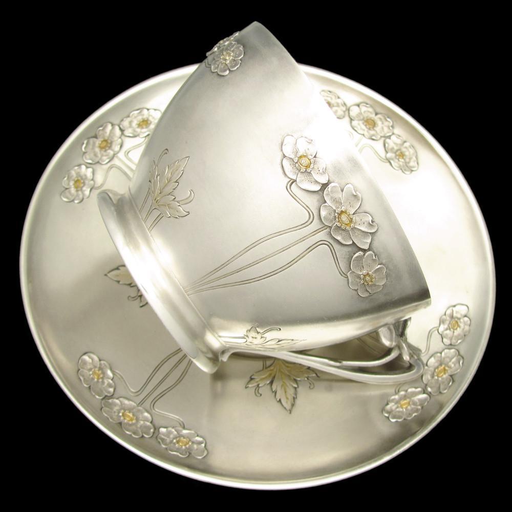 Large Art Nouveau French Sterling Silver Gilt Vermeil Cup & Saucer, Chocolate, Tea or Coffee, 333.7g