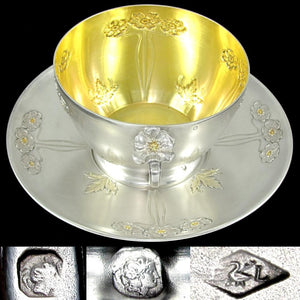 Large Art Nouveau French Sterling Silver Gilt Vermeil Cup & Saucer, Chocolate, Tea or Coffee, 333.7g