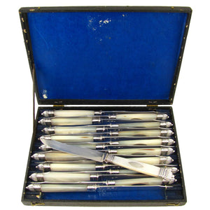 Antique French Sterling Silver & Mother of Pearl Handled Cutlery Knives 18pc Set