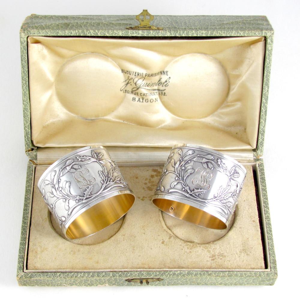 Pair Antique French Sterling Silver Napkin Rings, Neoclassical Foliage & Ribbon