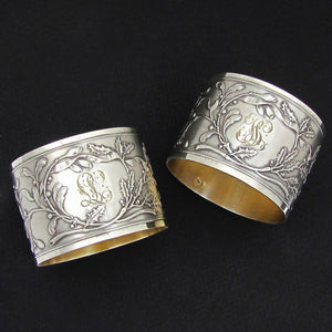 Pair Antique French Sterling Silver Napkin Rings, Neoclassical Foliage & Ribbon