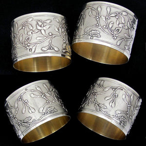 Pair Antique French Sterling Silver Napkin Rings, Neoclassical Foliage & Ribbon